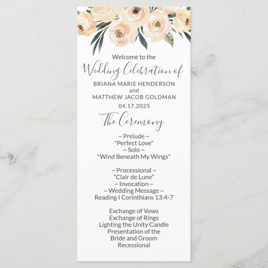 Floral Beige Blush am White Wedding Programm (Vorderseite)
