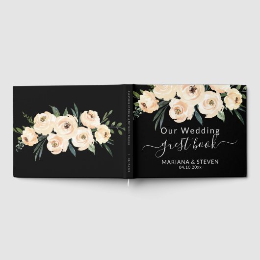 Floral Beige Blush auf Black Wedding Gästebuch (Voll)