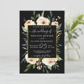 Floral Beige Blush Rose Gold auf Black Wedding Einladung (Stehend Vorderseite)