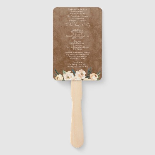 Floral Beige Brown Hochzeitsprogramm Hand Fan Fächer (Rückseite)