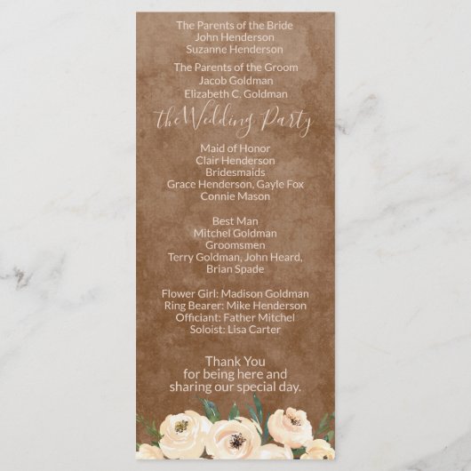 Floral Beige Brown Wedding Program Programm (Rückseite)