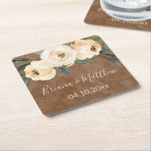 Floral Beige Brown Wedding Rechteckiger Pappuntersetzer