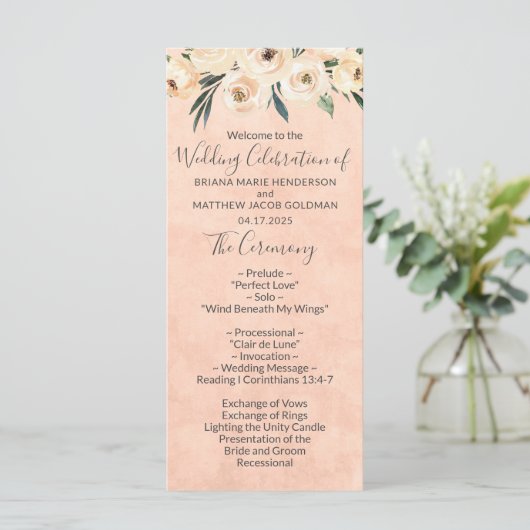 Floral Beige Pink Hochzeitsprogramm Programm (Stehend Vorderseite)