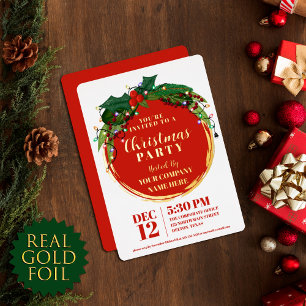 Floral Berry Wreath Christmas Light Corporate Gold Folieneinladung