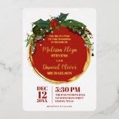 Floral Berry Wreath Weihnachtsbeleuchtung Hochzeit Folieneinladung (Vorderseite)