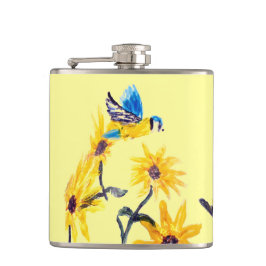 Floral Bird Art Gelbe Sonnenblumen Flachmann