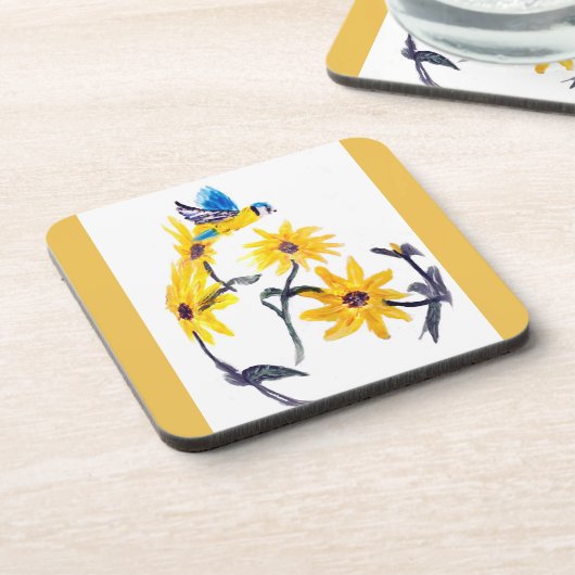 Floral Bird Art Gelbe Sonnenblumen Untersetzer (Linke Seite)