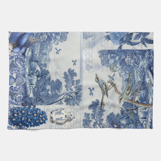 Floral Birds English Garden Toile Blue und White Geschirrtuch (Horizontal)