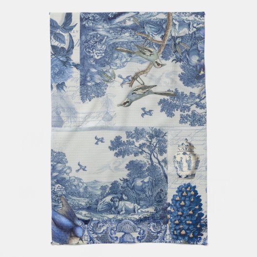 Floral Birds English Garden Toile Blue und White Geschirrtuch (Vertikal)