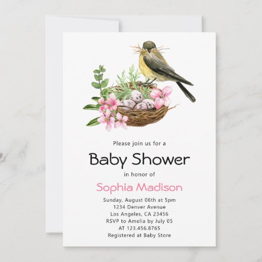 Floral Bird's Nest Baby Shower Einladung (Vorderseite)