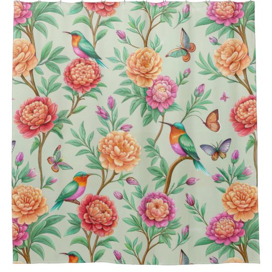 Floral Birds Pattern on Mint Background (11) Duschvorhang (Vorderseite)