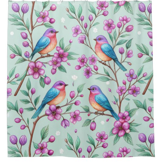 Floral Birds Pattern on Mint Background (3) Duschvorhang (Vorderseite)