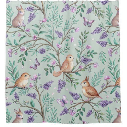 Floral Birds Pattern on Mint Background (9) Duschvorhang (Vorderseite)
