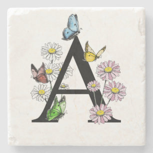 Floral Birthday Butterfly Monogram Letter A Steinuntersetzer