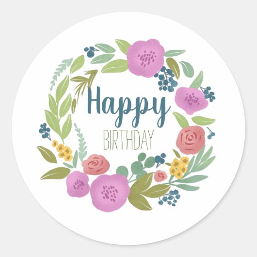 Floral Birthday Classic Round Aufkleber (Vorderseite)