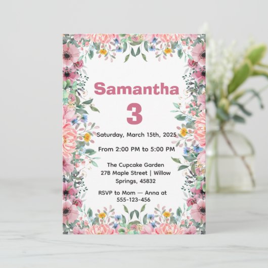 Floral Birthday Invitation, Wildflowers Birthday Einladung (Stehend Vorderseite)
