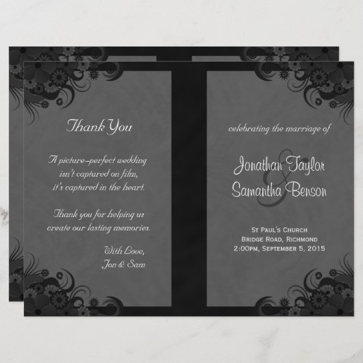 Floral Black and Gray Goth Folded Weddings Program (Vorne/Hinten)