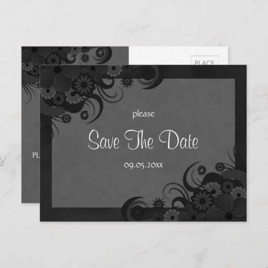 Floral Black and Gray Goth Save the Date Postkarte (Vorne/Hinten)