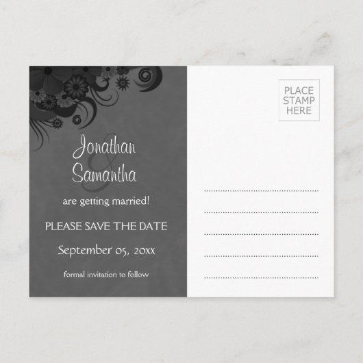 Floral Black and Gray Goth Save the Date Postkarte (Rückseite)