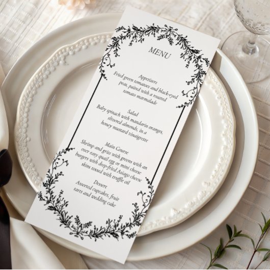 Floral Black and White Line Art Wedding | Menu Menükarte