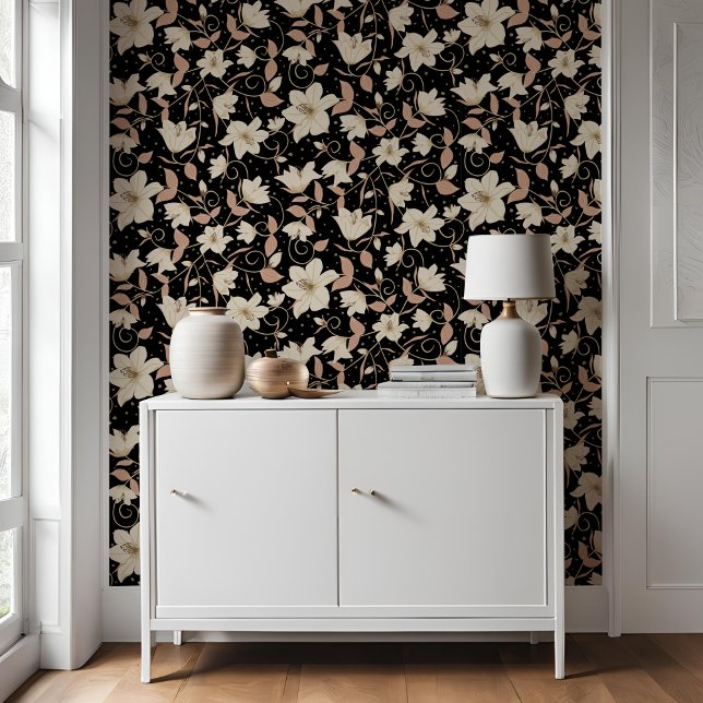 Floral Black Beige Lily Botanisches Muster Tapete (Von Creator hochgeladen)