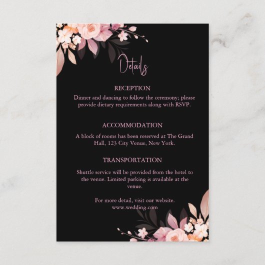 Floral Black & Blush Rose Wedding Begleitkarte (Vorderseite)