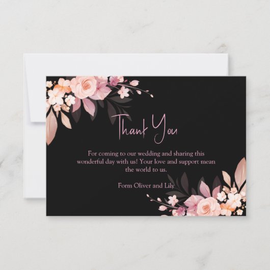 Floral Black & Blush Rose Wedding  Dankeskarte (Vorderseite)