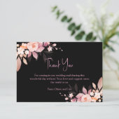 Floral Black & Blush Rose Wedding  Dankeskarte (Stehend Vorderseite)