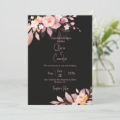 Floral Black & Blush Rose Wedding Einladung (Stehend Vorderseite)