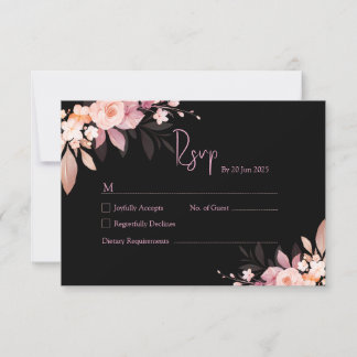 Floral Black & Blush Rose Wedding RSVP Karte