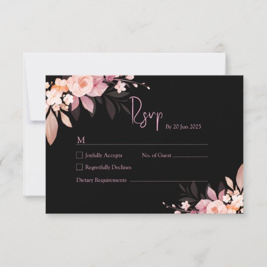 Floral Black & Blush Rose Wedding RSVP Karte (Vorderseite)