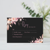 Floral Black & Blush Rose Wedding  RSVP Karte (Stehend Vorderseite)