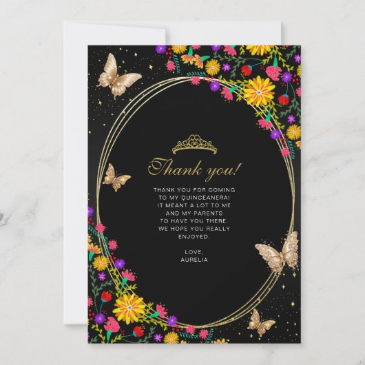 Floral Black Butterfly Quinceñera Foto Dankeskarte (Vorderseite)