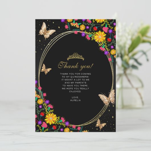 Floral Black Butterfly Quinceñera Foto Dankeskarte (Stehend Vorderseite)