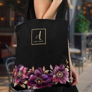 Floral Black Custom Monogram Tasche