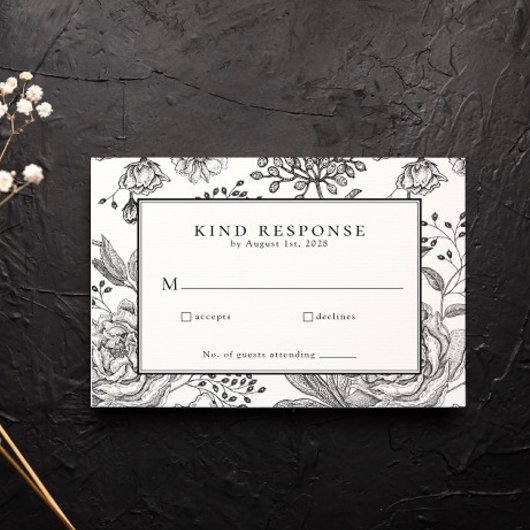 Floral Black Elegant Wedding RSVP Card Karte