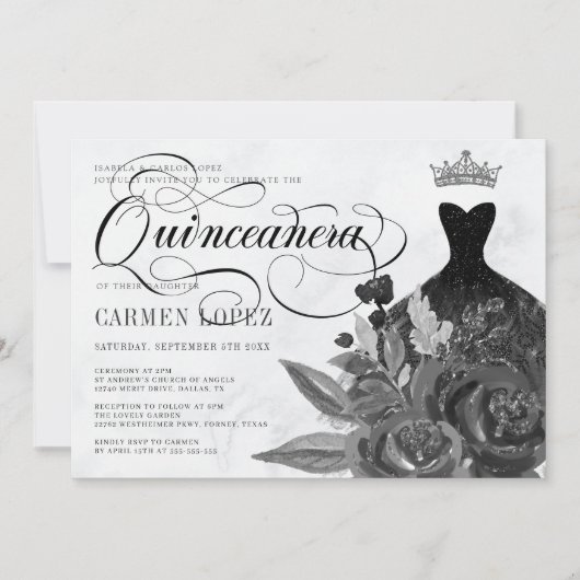 Floral Black Glitzer Princess Tiara Quinceanera Einladung (Vorderseite)