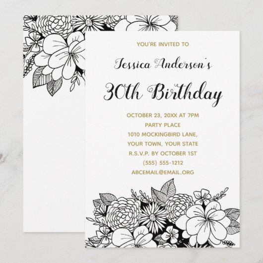 Floral Black Gold 30. Geburtstag Einladung (Vorne/Hinten)