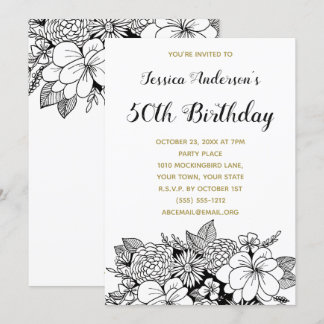 Floral Black Gold 50. Geburtstag Einladung