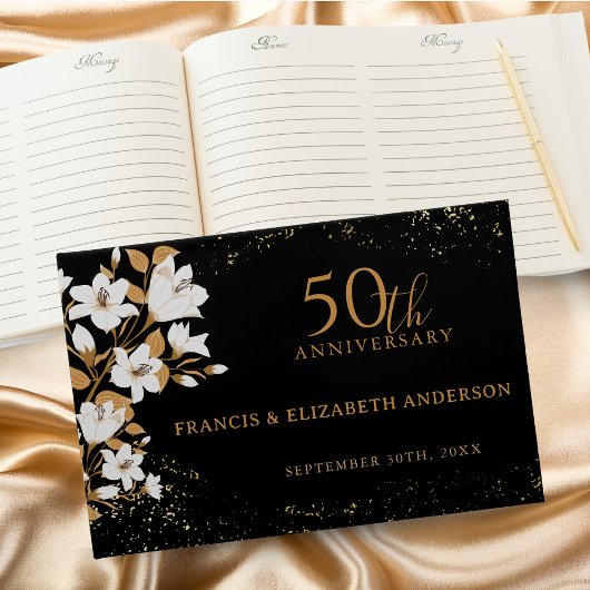 Floral Black Gold 50. Hochzeitstag Gästebuch