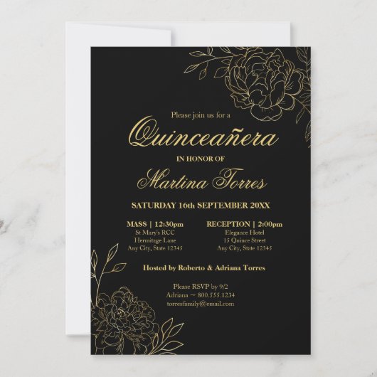 Floral Black Gold Kunst Quinceanera und Messe Einladung (Vorderseite)