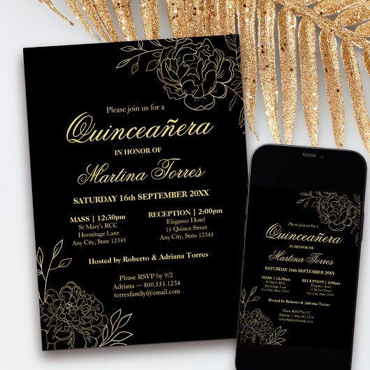 Floral Black Gold Kunst Quinceanera und Messe Einladung