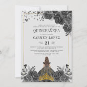 Floral Black Gold Princess Birthday Quinceanera Einladung (Vorderseite)