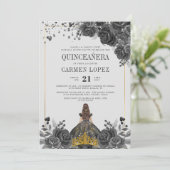 Floral Black Gold Princess Birthday Quinceanera Einladung (Stehend Vorderseite)