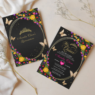 Floral Black Gold Tiara Butterfly Mis Quinceañera Einladung