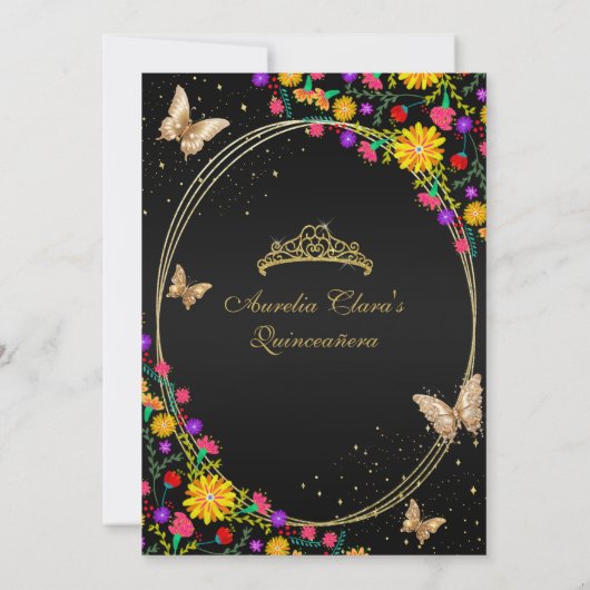 Floral Black Gold Tiara Butterfly Mis Quinceañera Einladung (Rückseite)