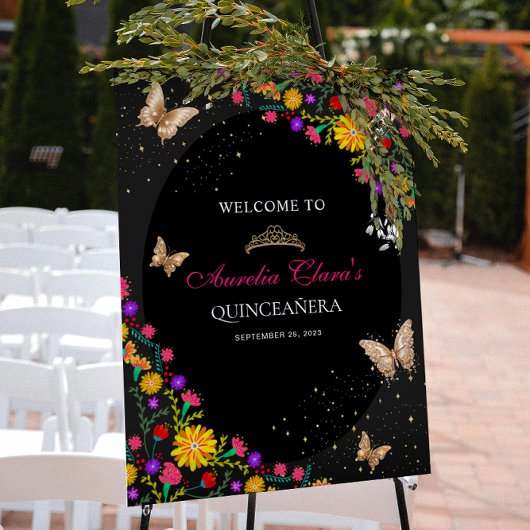 Floral Black Gold Tiara Butterfly Mis Quinceañera Poster