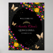 Floral Black Gold Tiara Butterfly Mis Quinceañera Poster (Vorne)