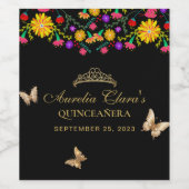 Floral Black Gold Tiara Butterfly Mis Quinceañera Weinetikett (Einzelnes Label)