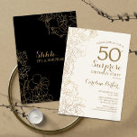 Floral Black Gold Überraschung 50. Geburtstagspart Einladung<br><div class="desc">Bloral Black Gold Überraschung 50. Geburtstag Party Einladung. Minimalistisches modernes Design mit botanischen Akzenten und Typografie-Script-Schriftart. Einfache florale Einladungskarte perfekt für eine stilvolle weibliche Überraschung am Tag. Kann für jedes Alter angepasst werden.</div>